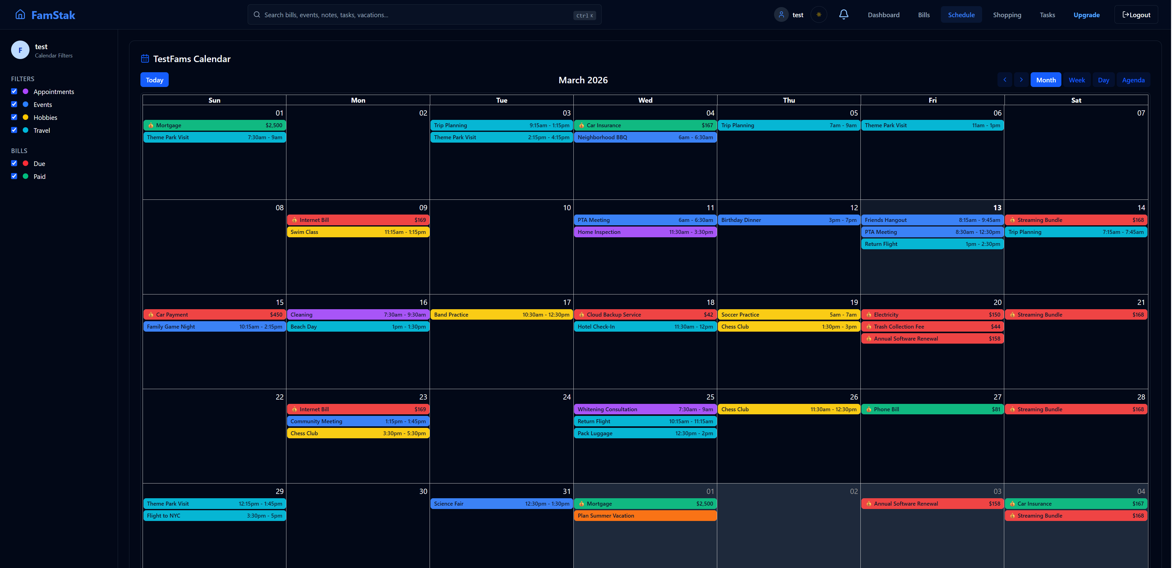 FamStak family schedule with subscribed and household calendar events