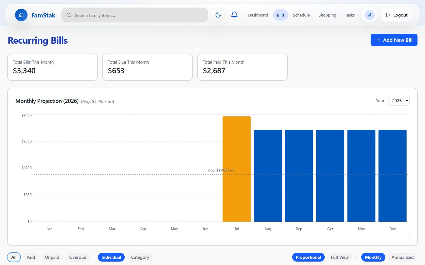 FamStak bills experience on desktop and mobile