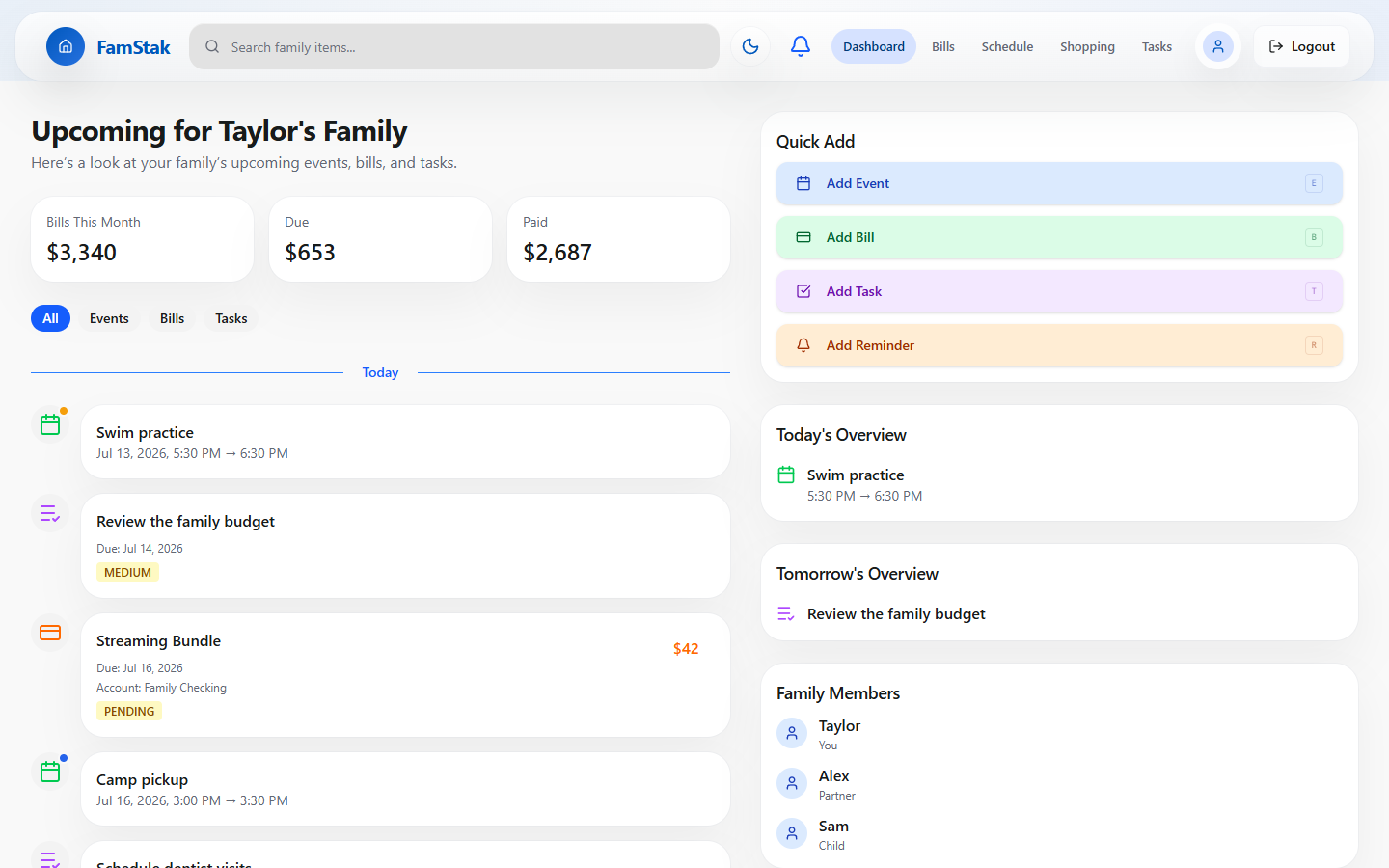 FamStak dashboard preview