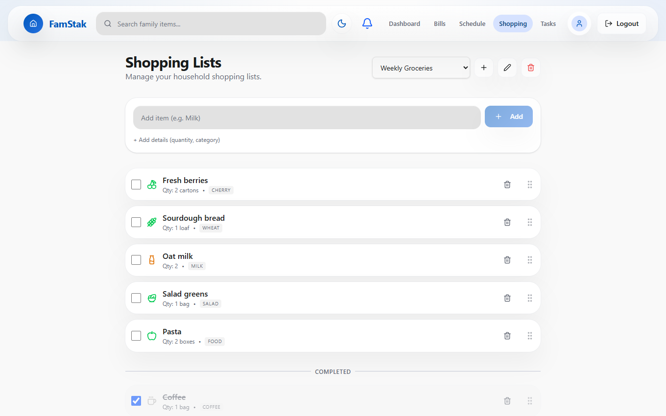 FamStak shopping list experience on desktop and mobile