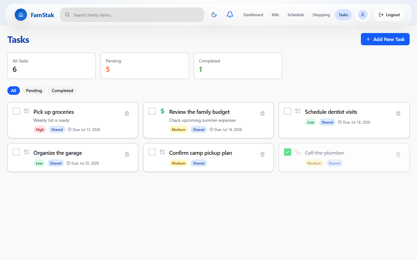 FamStak tasks experience on desktop and mobile